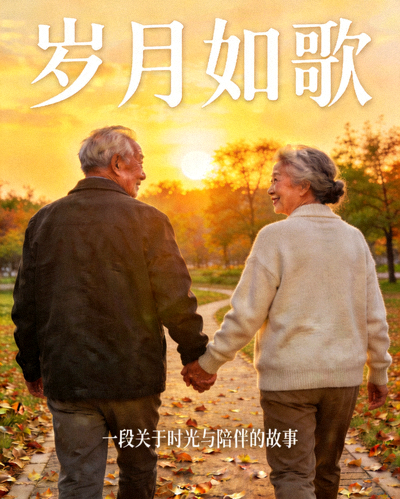 剧情片《岁月如歌》海报，两位老人在夕阳下散步的温馨场景